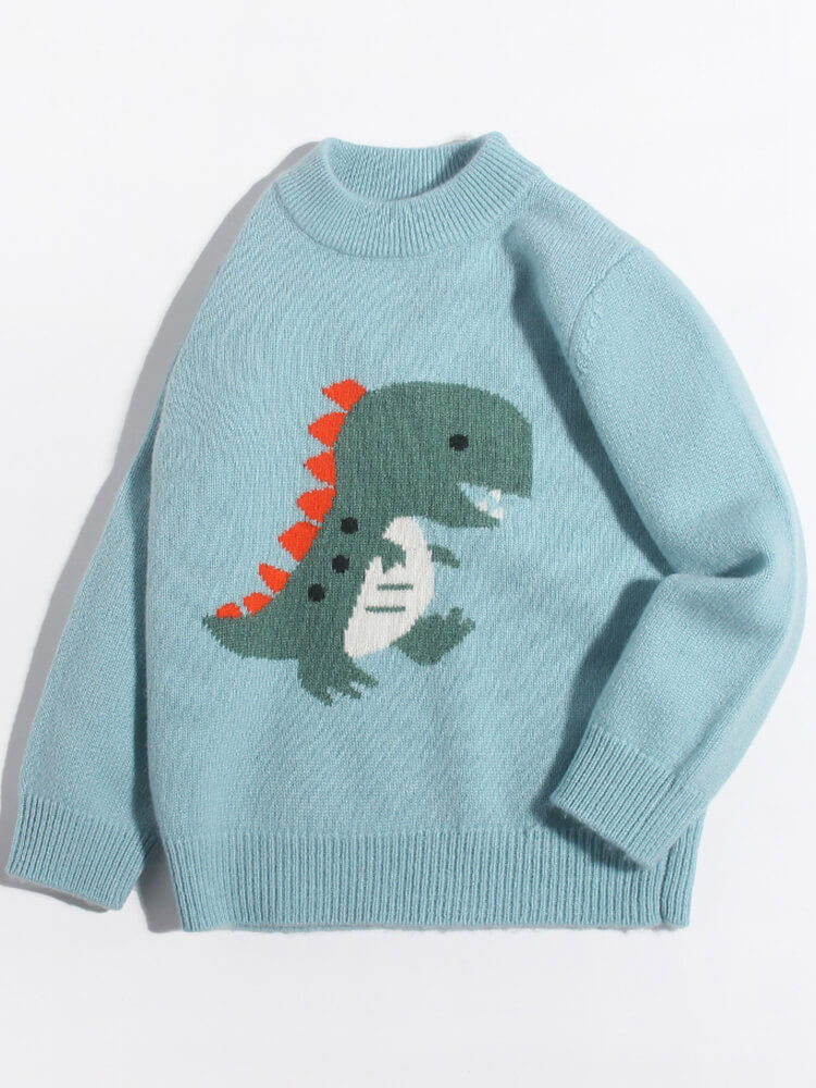 Kids Cute Green Dinosaur Knit Cashmere Pullover Crew Neck Sweate